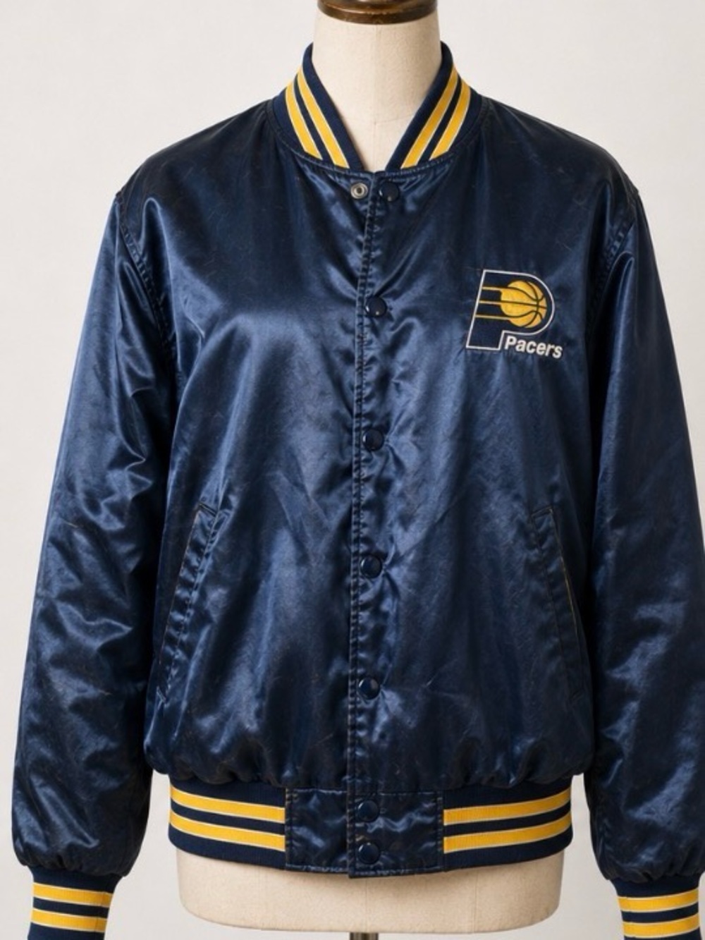 Vintage Pacers Navy and Yellow Satin Sports Bomber Jacket - large